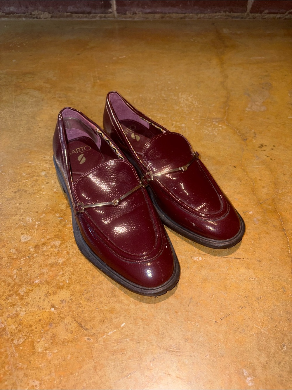 Franco Sarto Women's Burgundy Patent Loafers with Gold Bit